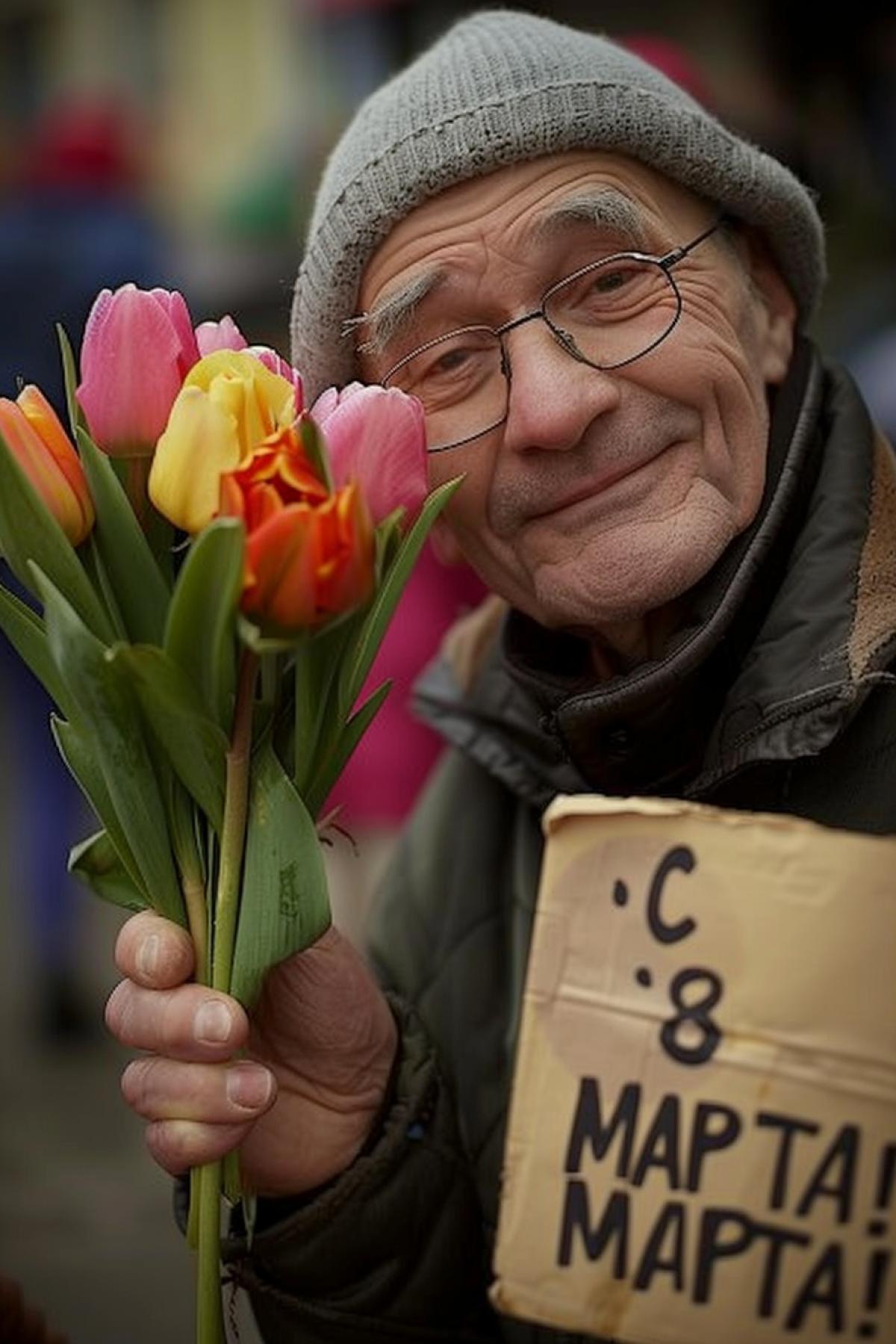 a man with a rose in his hand and the inscription made by tulips \"C 8 MAPTA!\", in the style of photo taken with provia, photo-realistic
