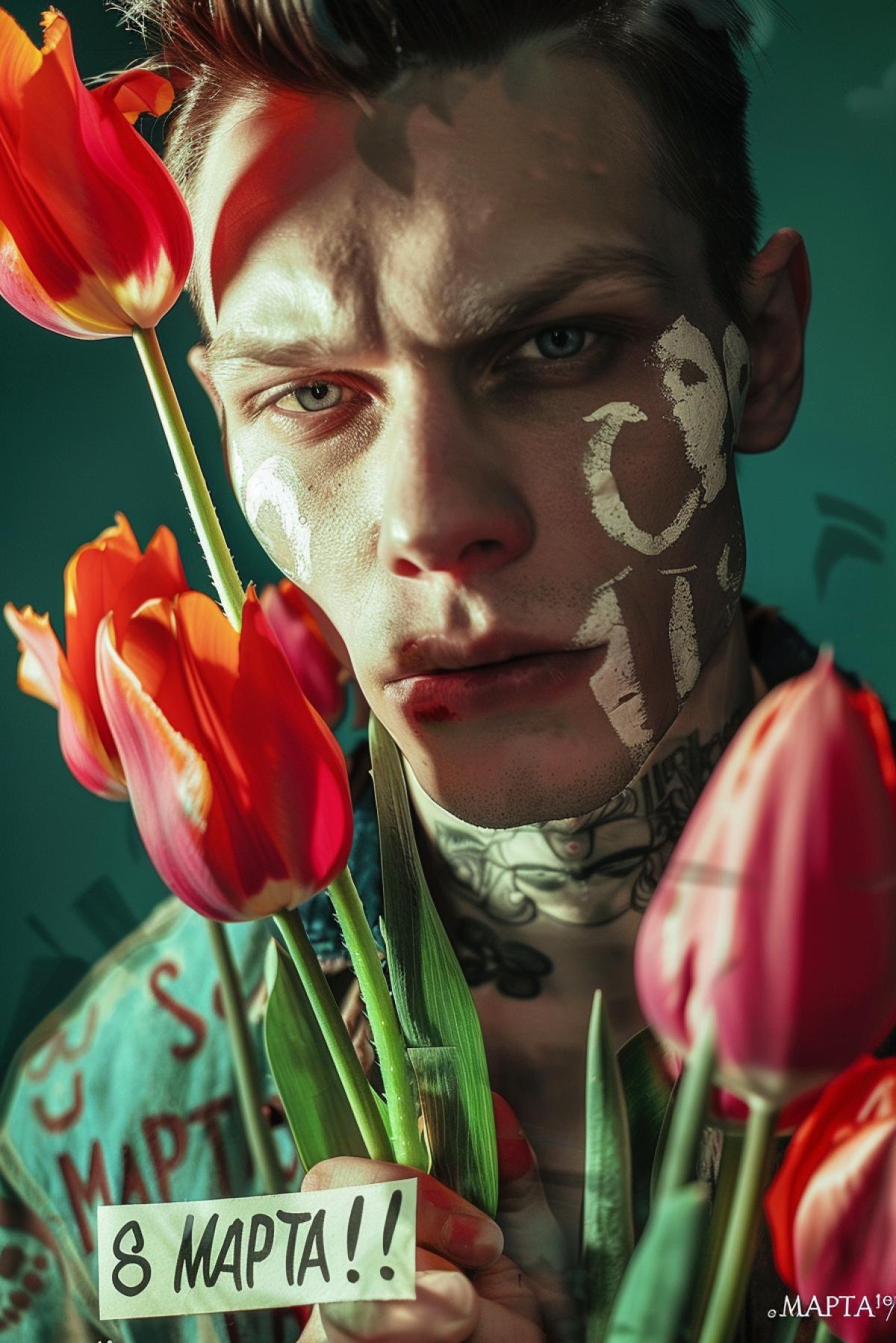 a man with a rose in his hand and the inscription made by tulips \"C 8 MAPTA!\", in the style of photo taken with provia, photo-realistic