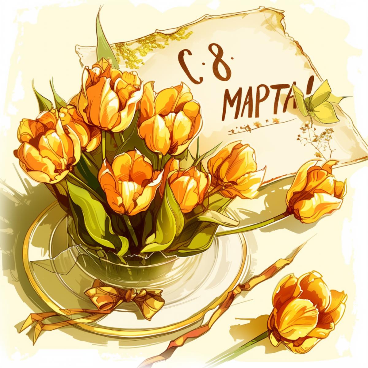 The inscription is decorated with tulips buds \"C 8 MAPTA!\"
