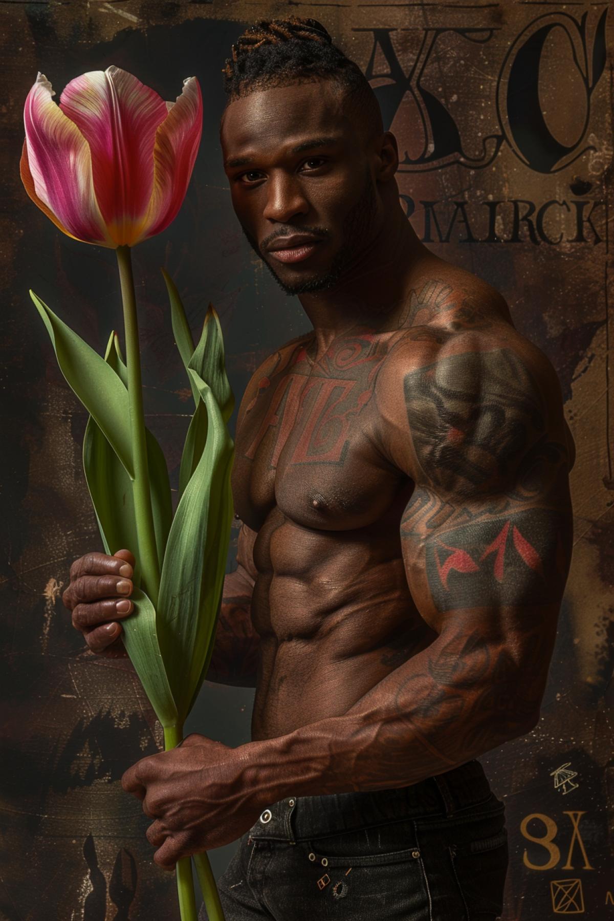 A big dark muscular guy holds a huge tulip, with tenderness and care. In the background there is the inscription \"MARCH 8\"
