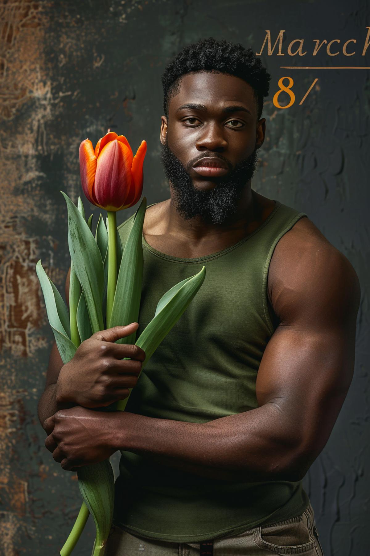 A big dark muscular guy holds a huge tulip, with tenderness and care. In the background there is the inscription \"March 8\"
