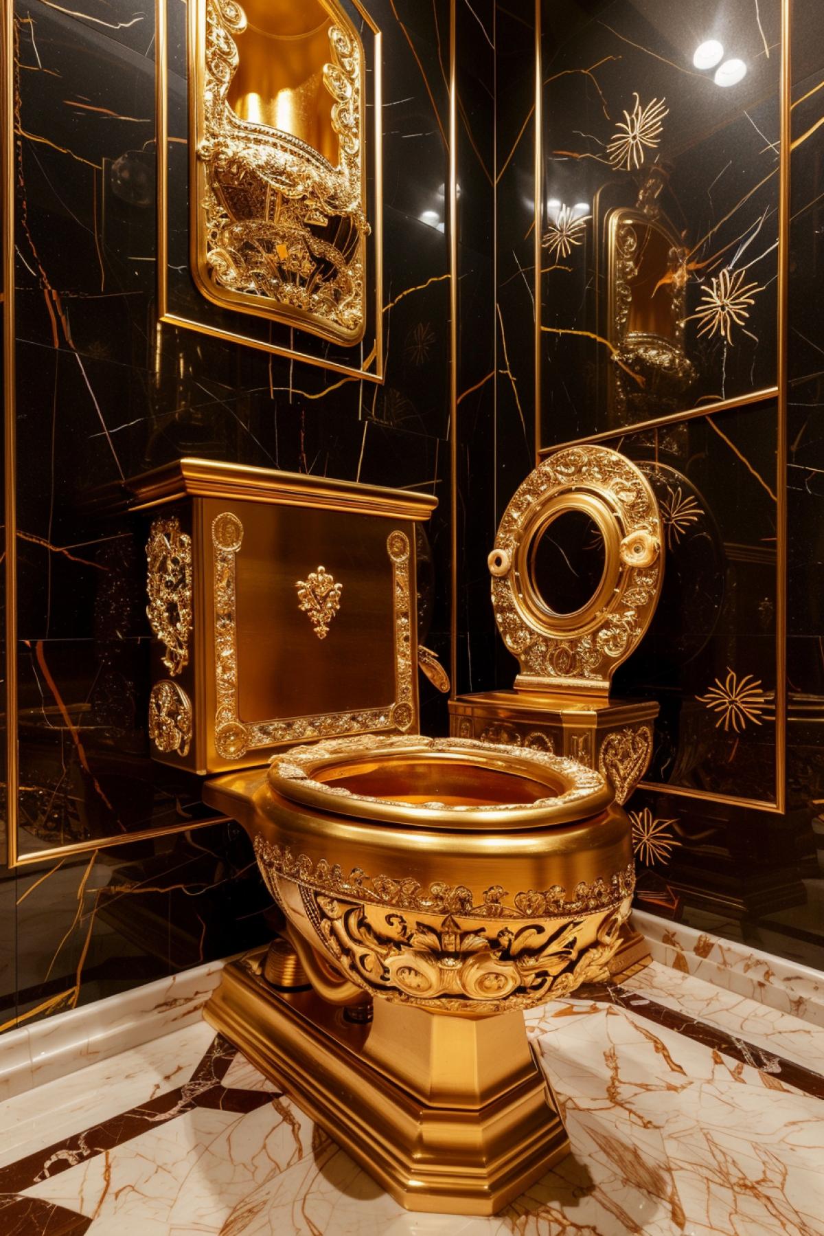 Richly decorated golden toilet in a luxurious interior