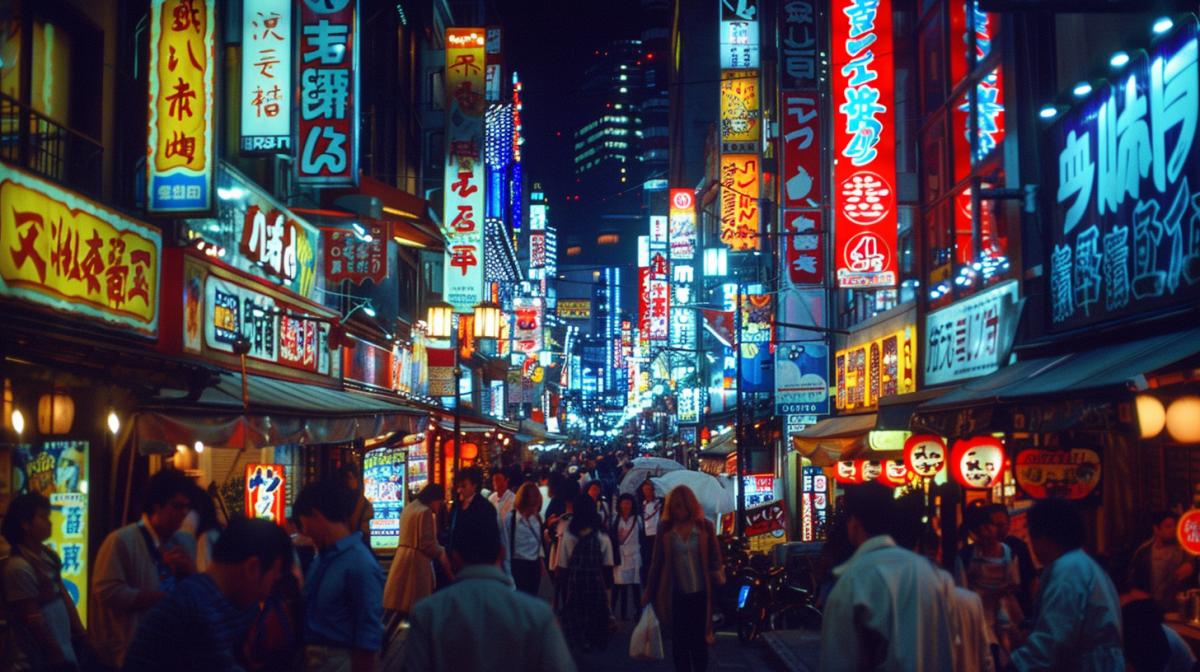 Tokyo Kabukicho district, bright signs everywhere, many people, neon lights, 2000s