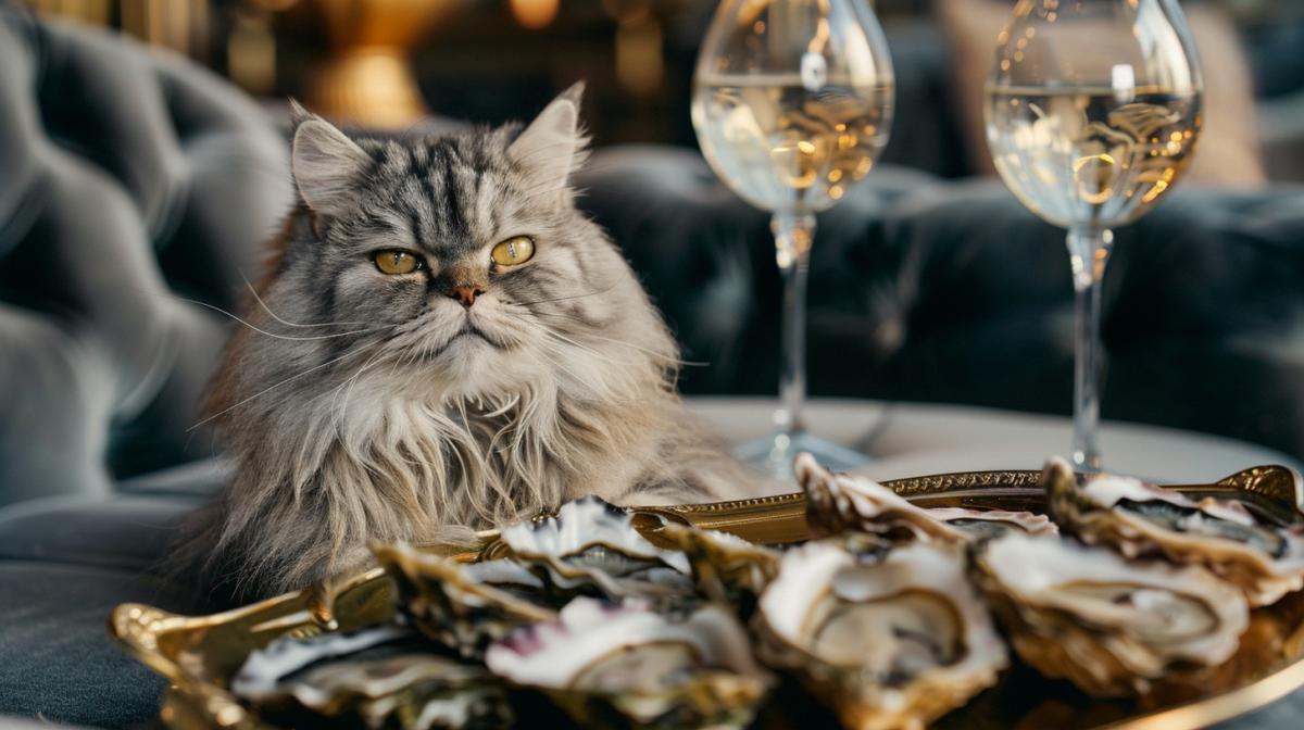Glamorous shot of a chic cat sitting on a luxurious velvet cushion in front of a golden platter of fresh oysters, an atmosphere of wealth, richness