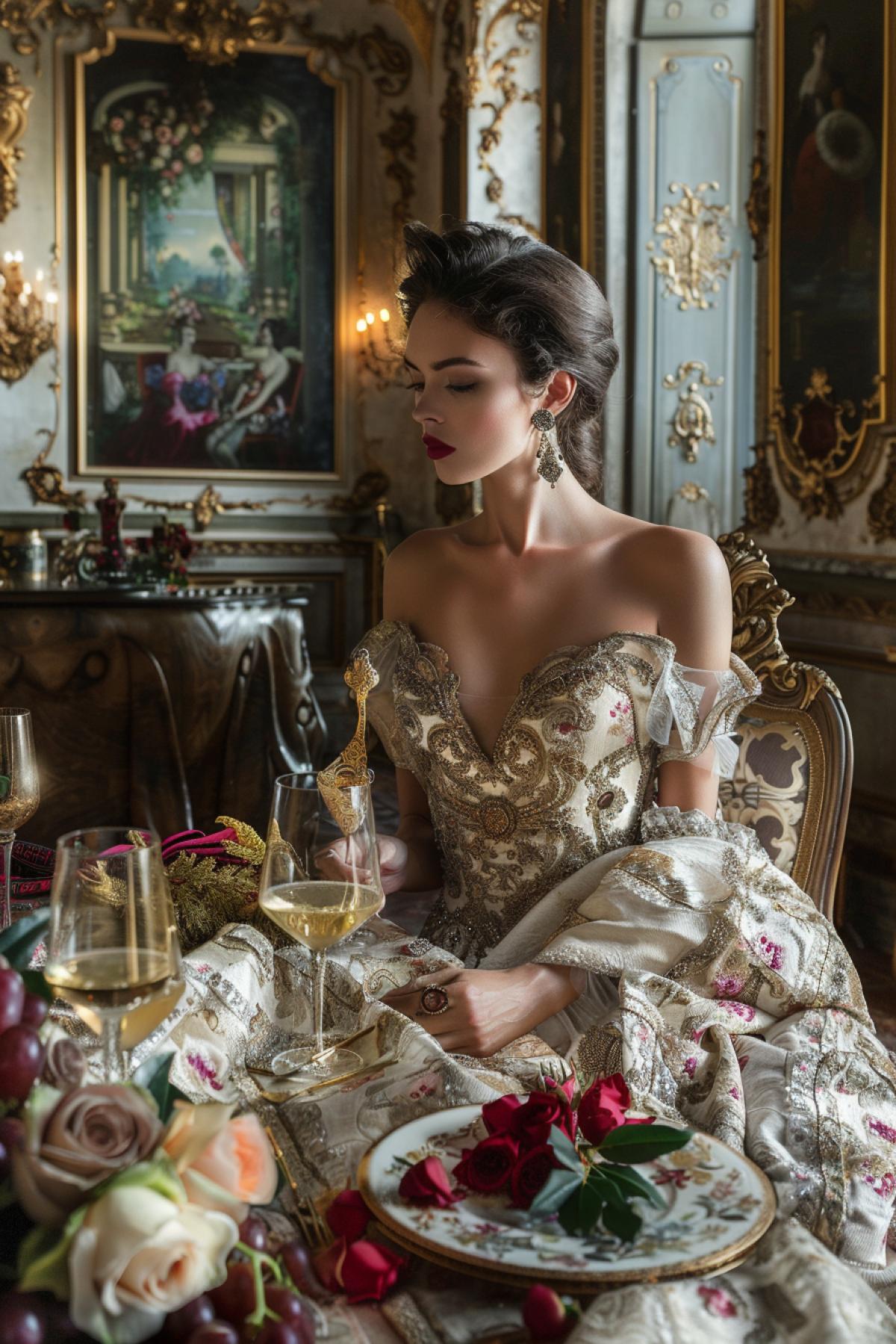 a very rich woman is sitting in a room of a beautiful ancient castle, there is champagne on the table next to her, a bouquet of roses, gold cutlery on the table