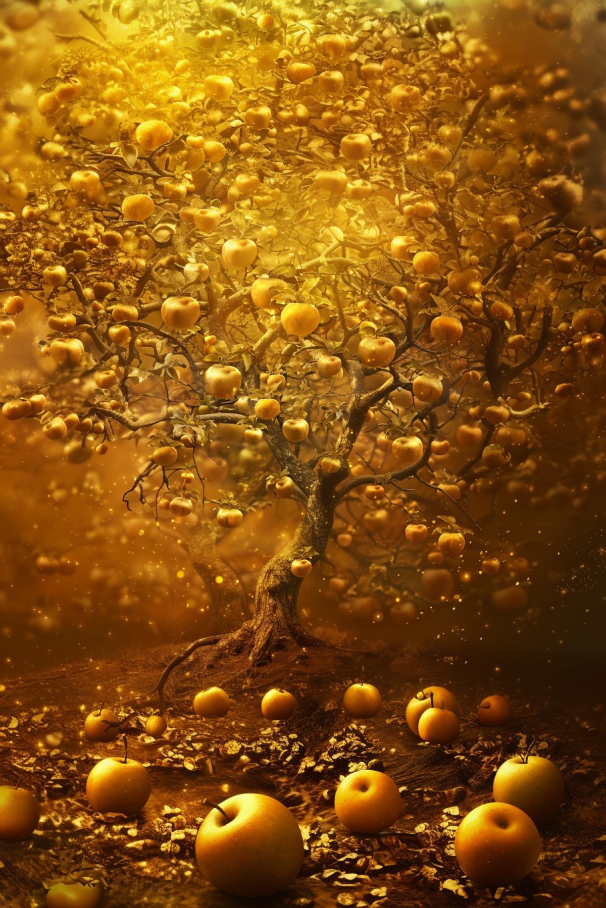 abundance golden tree apple tree apples many apples golden color jewels