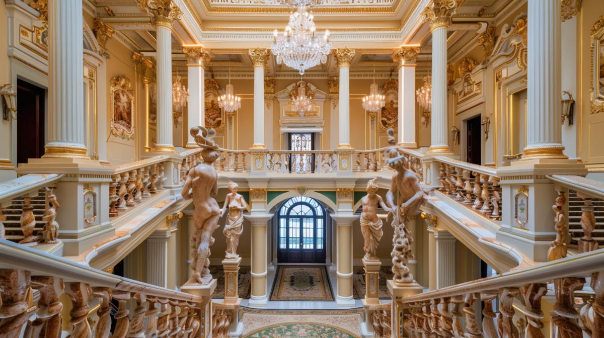 View of the street from the second floor of the marble grand staircase of the palace, there are carpets on the steps, marble statues in the niches of the walls and on the sides of the staircase, a crystal chandelier on the ceiling, carved marble balusters, wide lacquered railings. High quality, maximum details