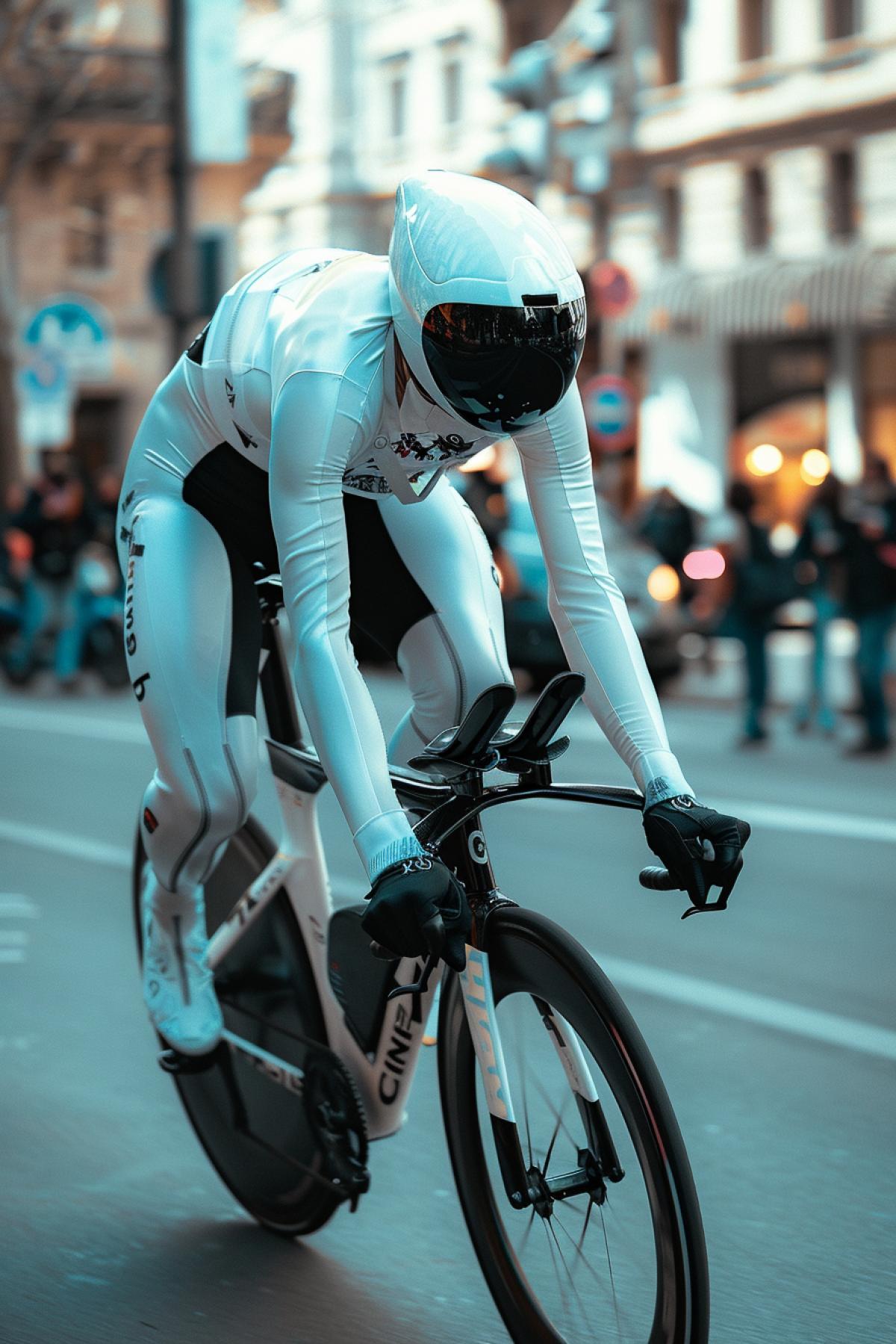 Cyclist on a racing bike in a futuristic suit, future, fujifilm, fujicolor c200, depth of field