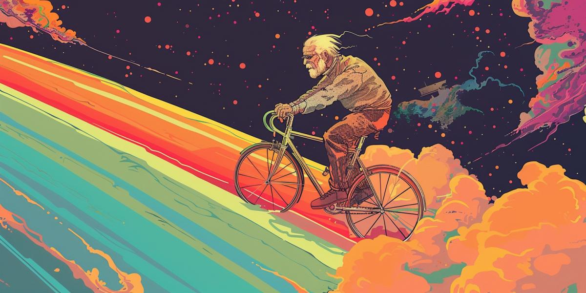Old man on a racing bike, bicycle race, in space, riding on a rainbow bridge, comics style