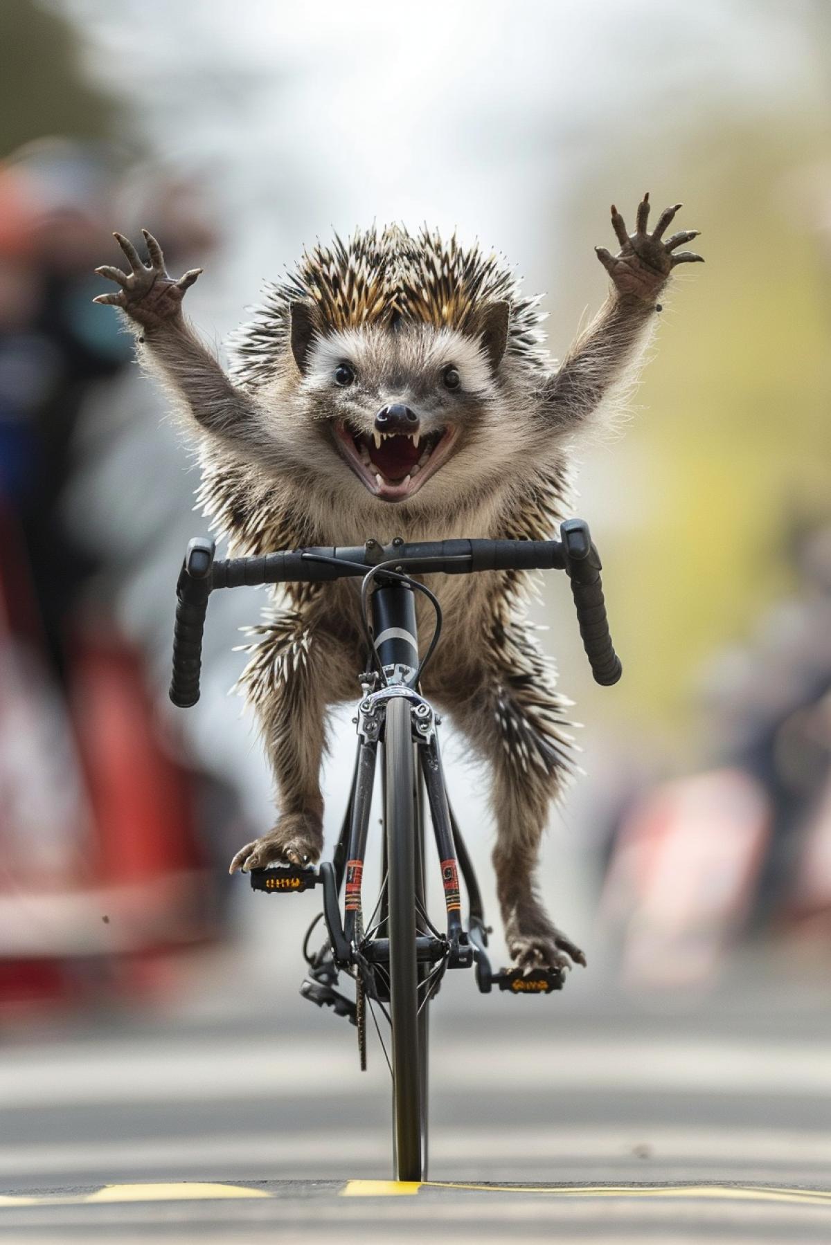 Hedgehog cyclist wins a bicycle race, the joy of victory