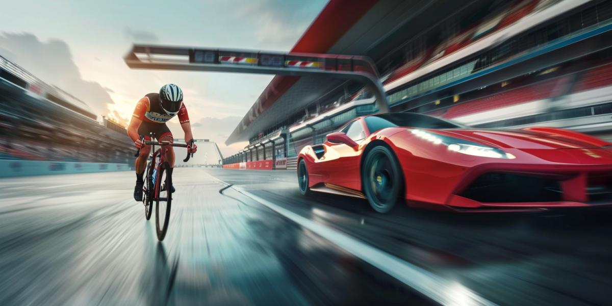 Cyclist competes with a racing car, photo in motion, competition at the stadium