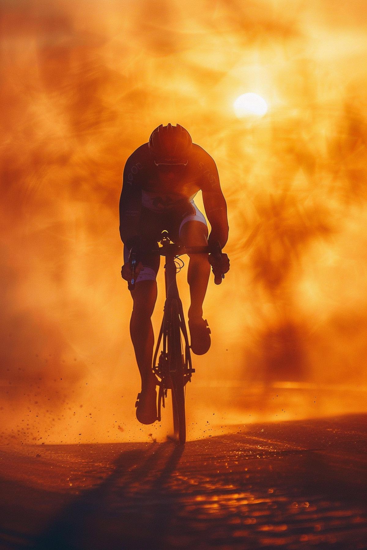 Sunset rays frame the silhouette of a cyclist whose muscles are tense from the effort of the race, Riding at the limit of speed makes his heart beat as if it wants to escape from his detailed, Dust rises into the air as if creating an aura around this magnificent athlete, absorbed in the desire to win