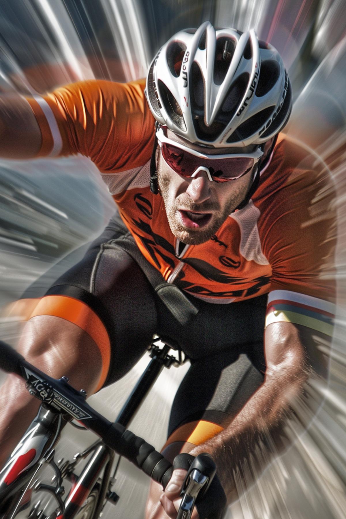A whirlwind of wind inflates the jersey of a racer who is racing along the track on his bicycle. His eyes sparkle with determination, and his muscles tense in a stubborn fight against the wind. The unity of the athlete with his bike creates the impression of invincibility on this path to the laurels of the winner.