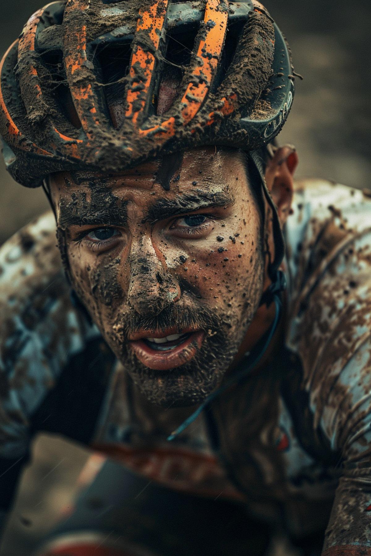A visible layer of dirt covers the face and clothing of a cyclist who is struggling hard to overcome the steep climbs on the track. Every muscle tenses, and the eyes are lit with the fire of passion for victory. Despite the difficulties and difficulties of the route, this cyclist does not lose a single drop of determination.