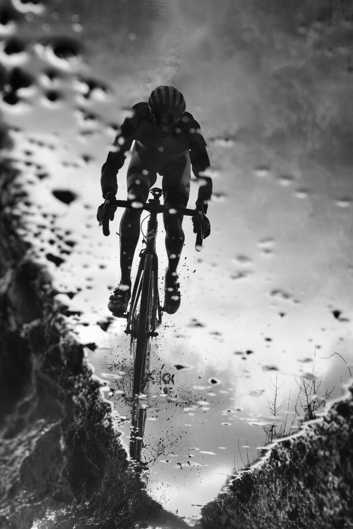 The solitude of the track enhances the focus of the cyclist, who negotiates each corner with dirt and elegance. The reflection of his figure in a puddle creates the effect of a double, as if he is competing not only with his opponents, but also with himself. This is not just a race, it is a pursuit of excellence and self-improvement.