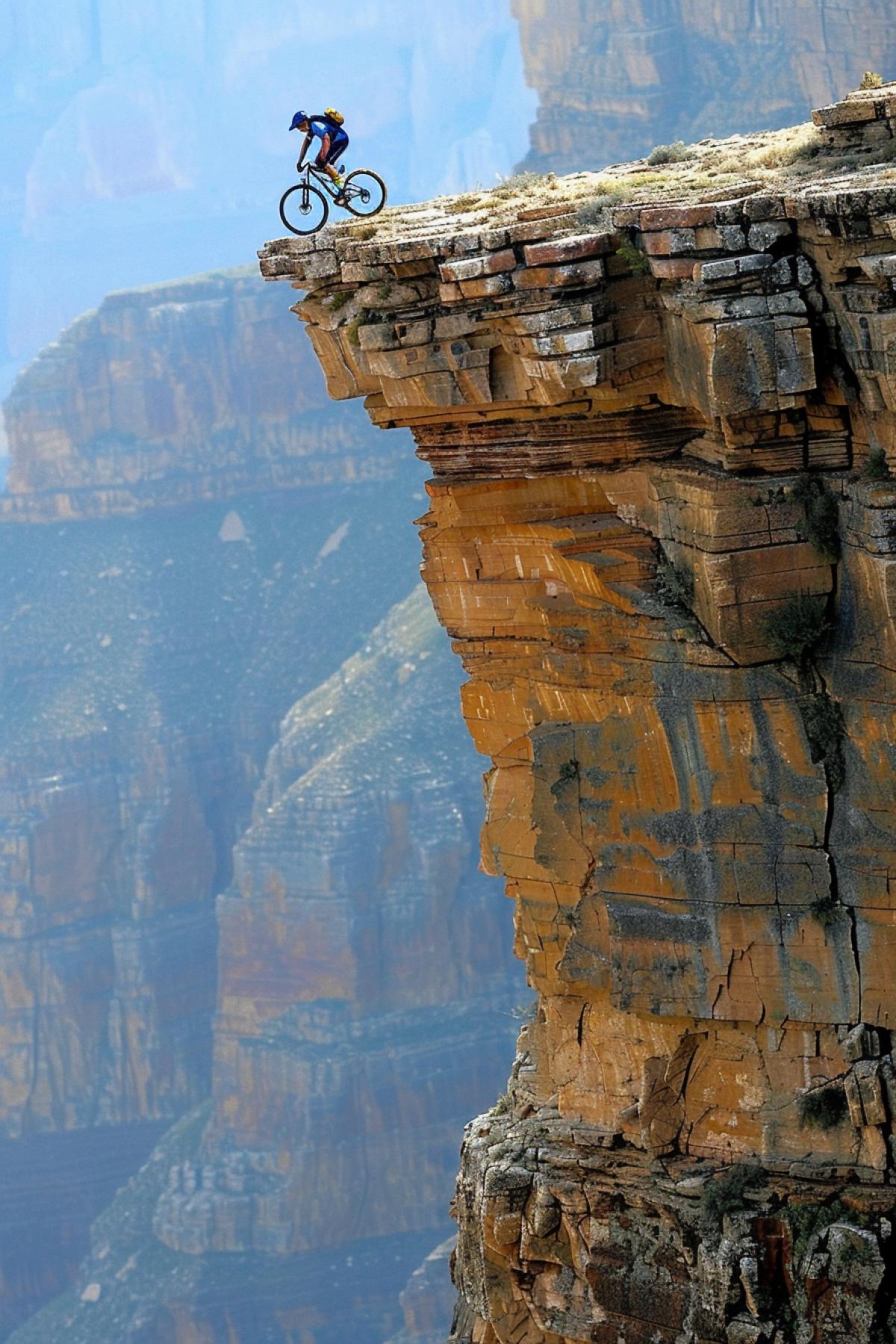 At the top of a sheer cliff, a cyclist makes a mad leap, as if defying fate. His courage and determination are reflected in every movement, creating an effect of adrenaline and excitement. In this extreme test, he is looking not only for victory, but also for his limits.