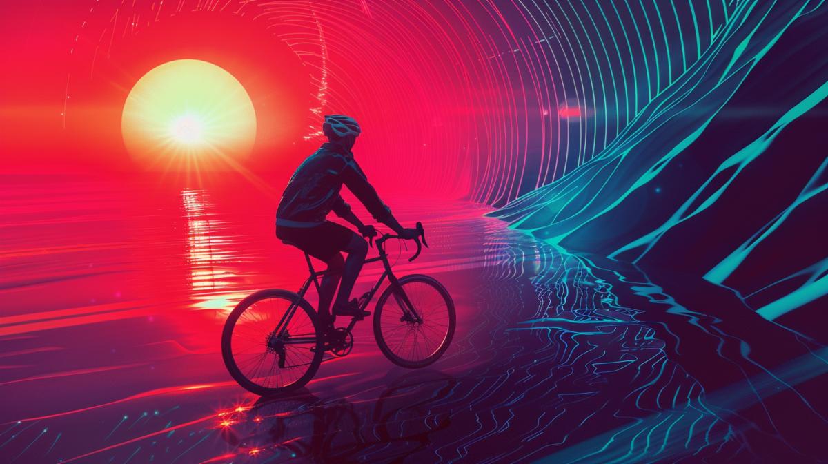 A cyclist on a bicycle in Retro Wave, an exciting fusion of the past and the future, where subjects are artistically rendered with an Bright Fuchsia assortment of Neon turquoise eye-catching gradients and high-contrast ink-like forms, eliciting a reminiscent yet futuristic feeling