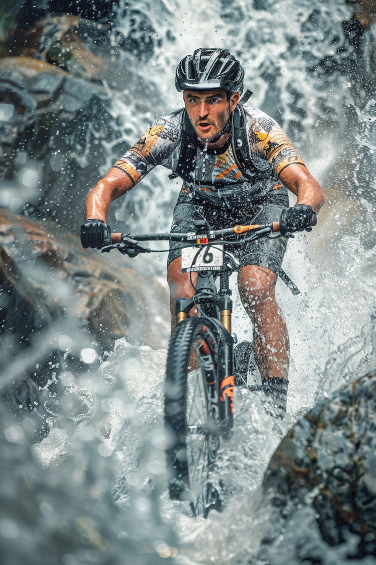 In the center of the frame is a powerful cyclist, surrounded by seething streams of water and inaccessible rocks. His facial expression is full of determination and concentration, readiness to overcome all obstacles on the path to victory. In this battle with nature, he not only pursues victory, but also conquers the very essence of himself.
