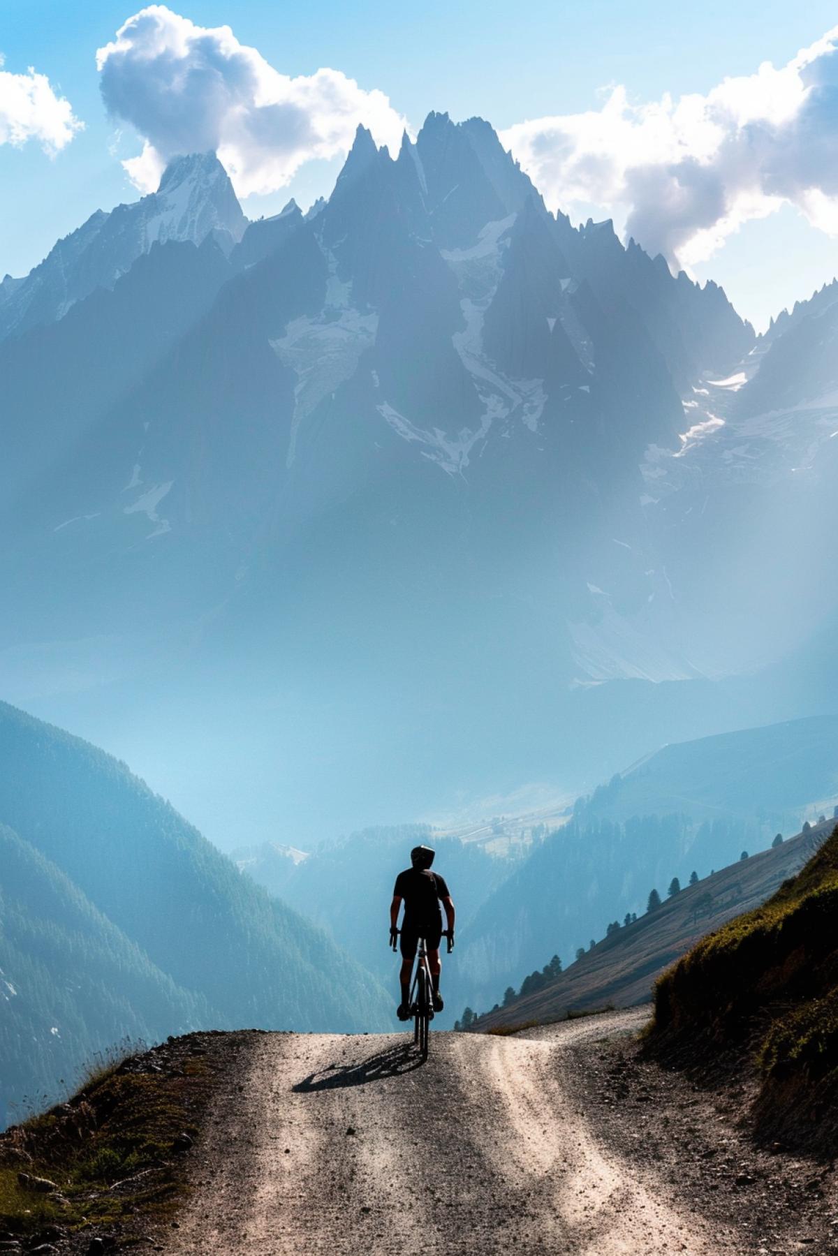 A majestic mountain landscape opens up in the background and a cyclist stands out magnificently in the center of the frame. His silhouette contrasts with the surrounding nature, emphasizing his loneliness and audacity before testing the track. At this moment, the great nature and man become an integral part of each other.