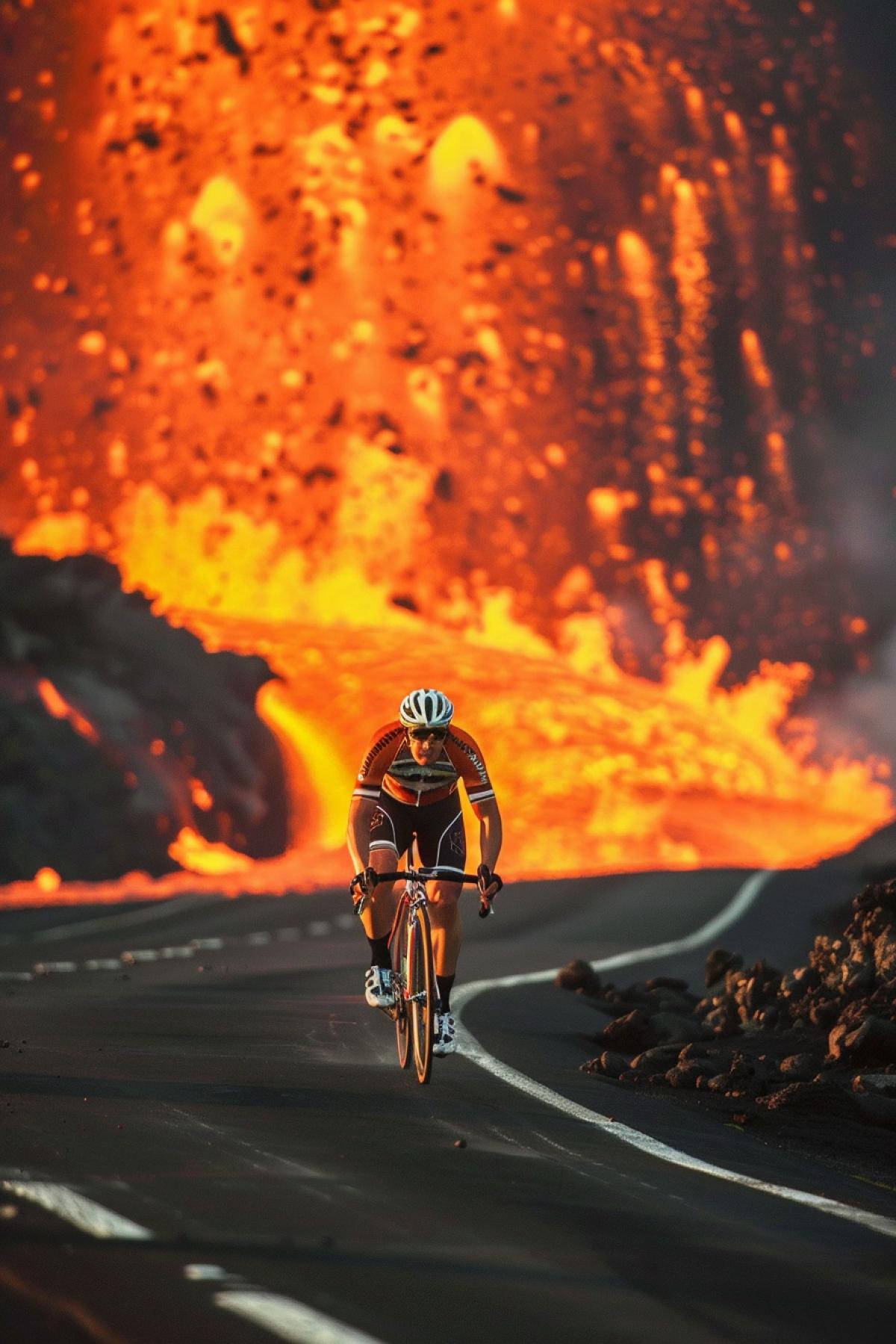 Against the backdrop of a gloomy landscape of an erupting volcano, a cyclist rushes along the highway, but behind him, burning lava approaches at breakneck speed, like an insatiable monster. His face expresses a mixture of adrenaline and horror as he feels the hot breath of the blazing inferno getting closer and closer to his wheels. Lava, like a merciless pursuer, does not give him a chance to make a mistake, and he understands that every centimeter becomes priceless in the fight for survival.