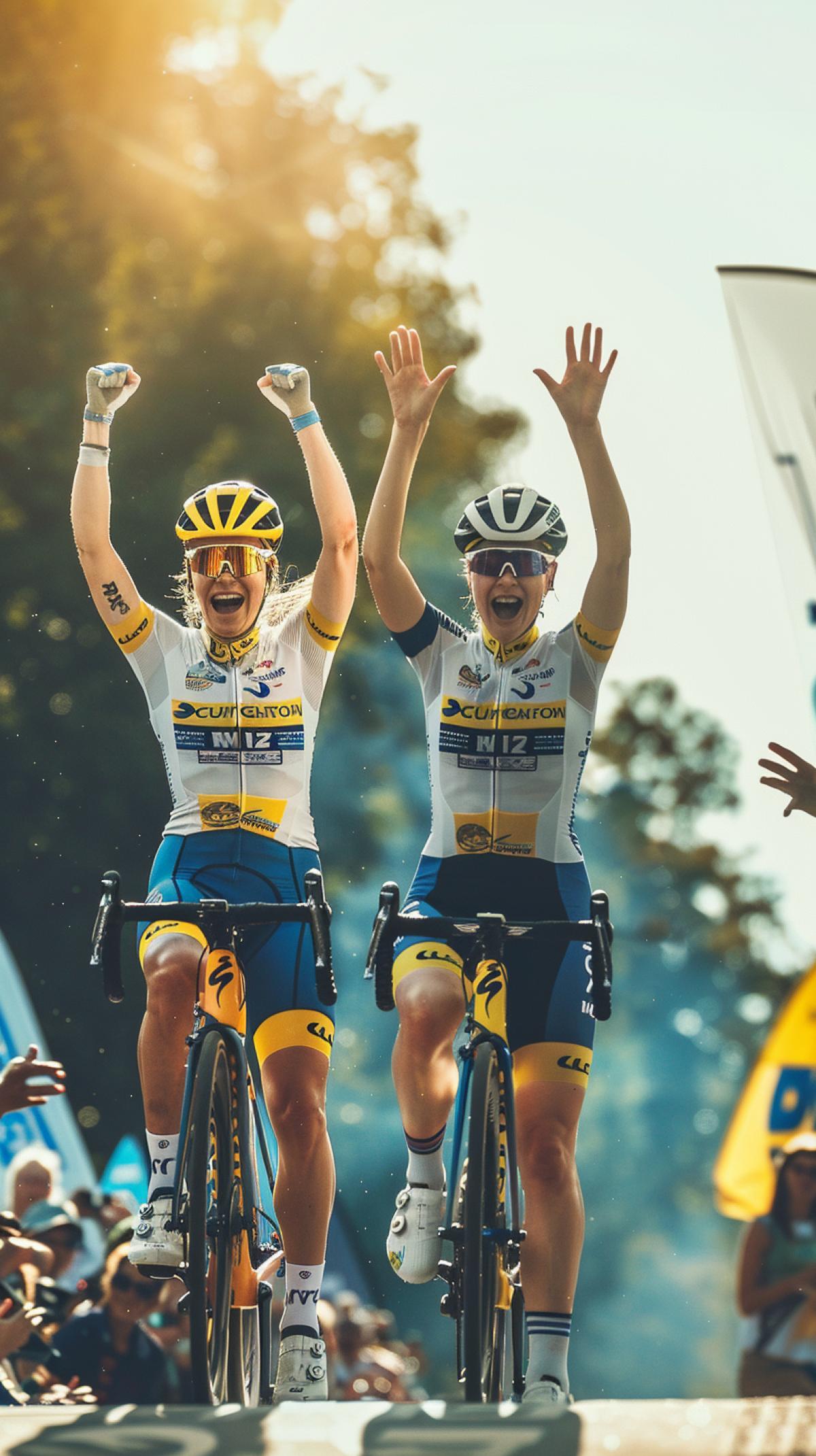 Three Swedish women, winners in a cycling race, stand on the victory podium, rejoice and accept awards, warm photo filter, highlights.