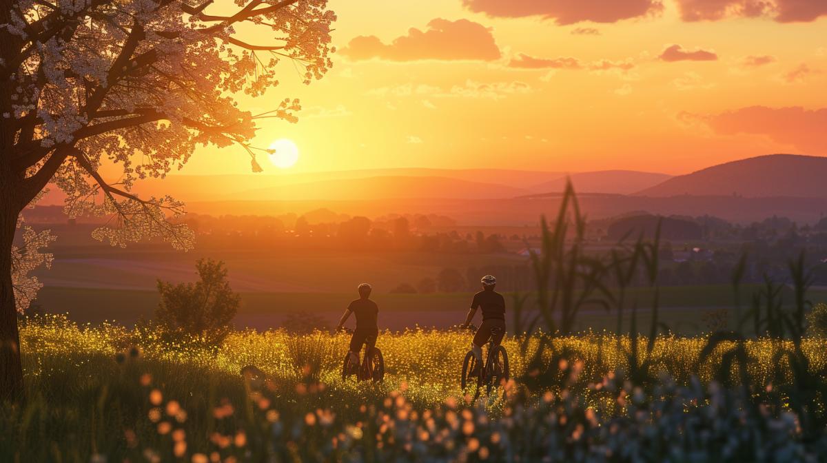 Panoramic shot, cyclists on the horizon of a beautiful sunset, spring landscape, breathtaking, highly detailed, photorealistic
