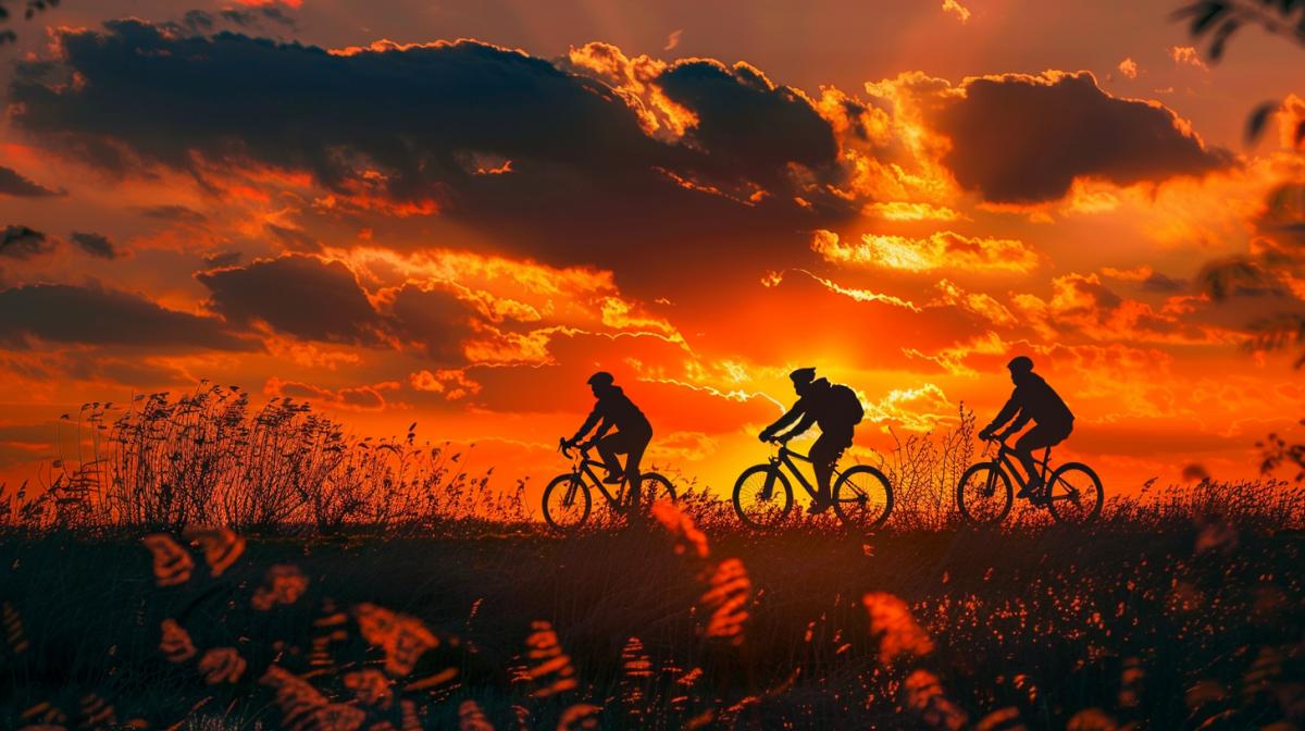 Panoramic shot, silhouettes of cyclists on the horizon of a beautiful sunset, spring landscape, breathtaking, highly detailed, photorealistic
