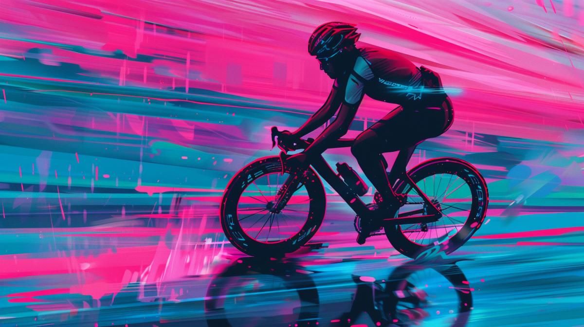 A cyclist on a bicycle in Retro Wave, an exciting fusion of the past and the future, where subjects are artistically rendered with an Bright Fuchsia assortment of Neon turquoise eye-catching gradients and high-contrast ink-like forms, eliciting a reminiscent yet futuristic feeling