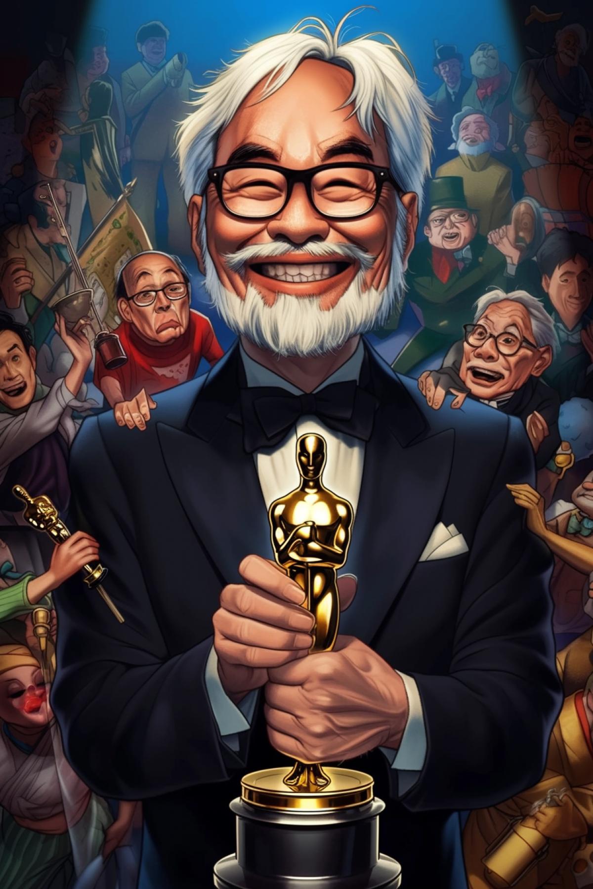 Hayao Miyazaki gets the Oscar prize on the stage anime s drawing in style of Hayao Miyazaki