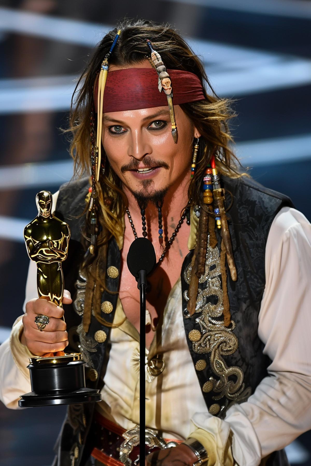 Johnny Depp in the role of Captain Jack Sparrow receives an Oscar award, is on the podium, holding an Oscar statuette, high quality, good detail