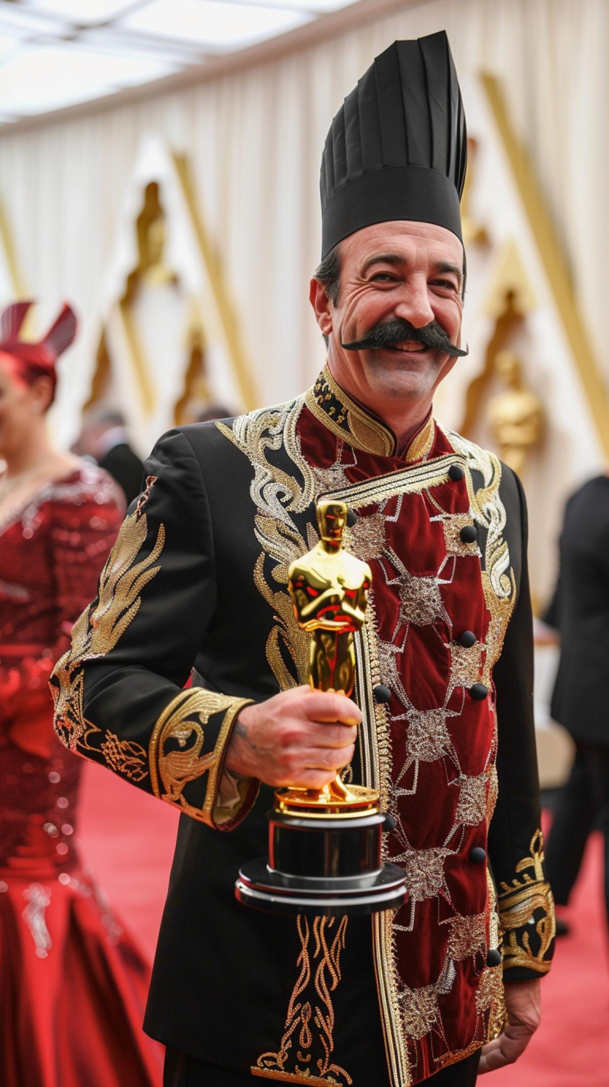 Charismatic chef with a mustache on the red carpet receiving an Oscar from an alien woman