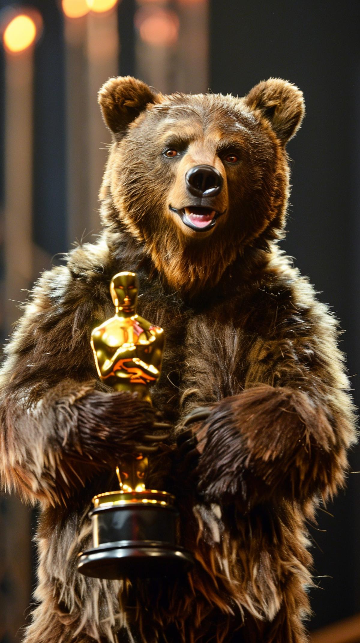 The bear receives an Oscar statuette for the film The Revenant.