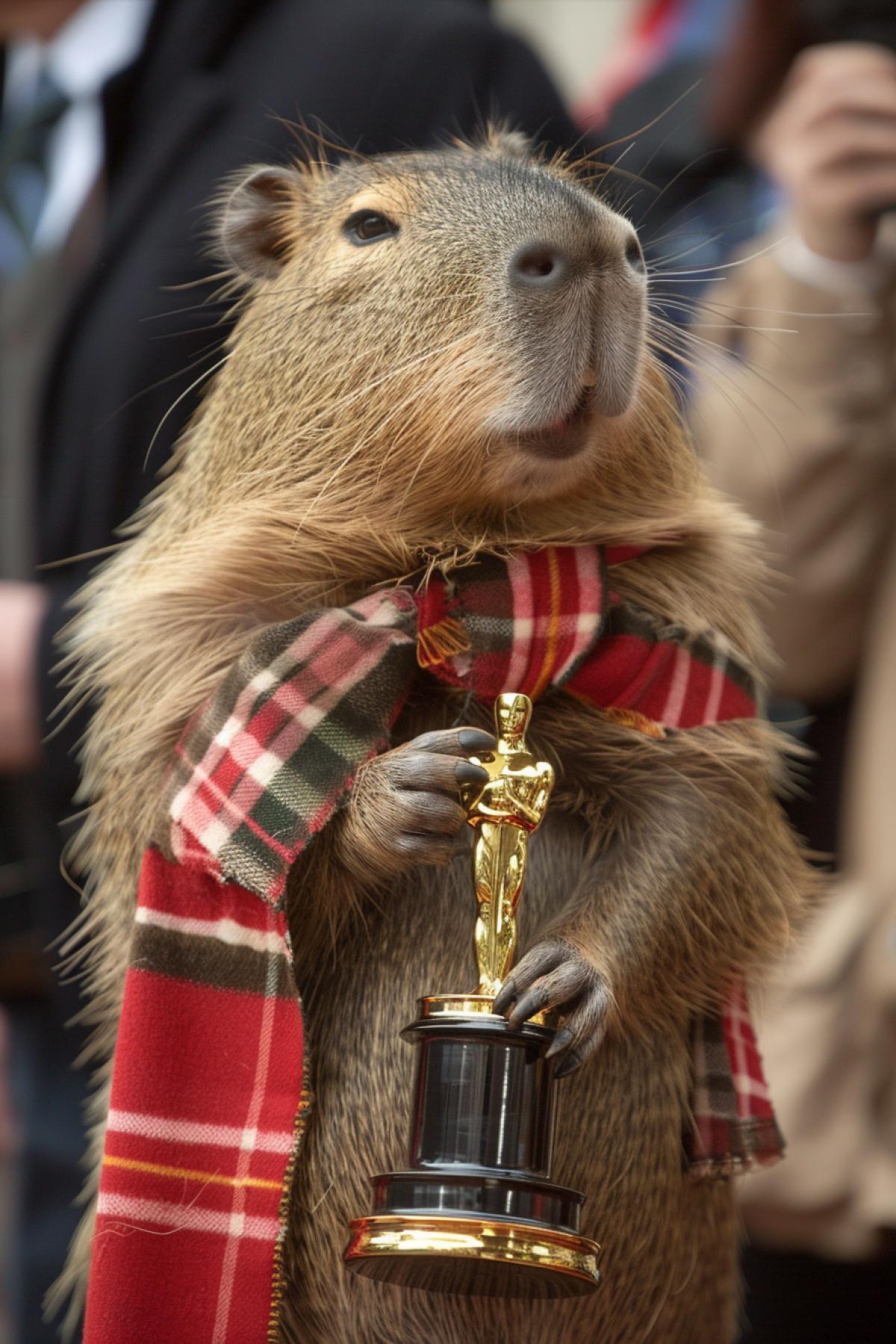 Stylish capybara receives an Oscar and holds it