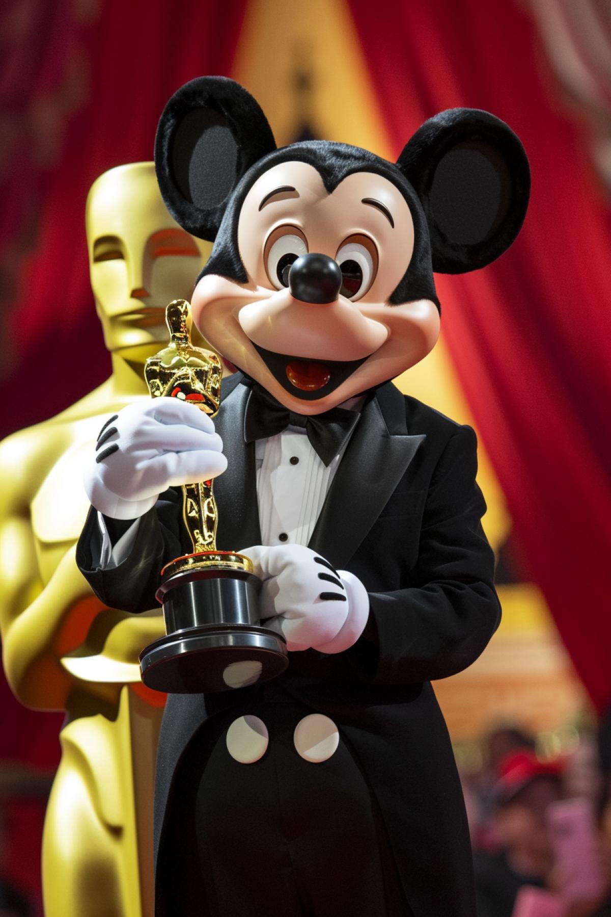 Mickey Mouse receives an Oscar and holds it in his hands