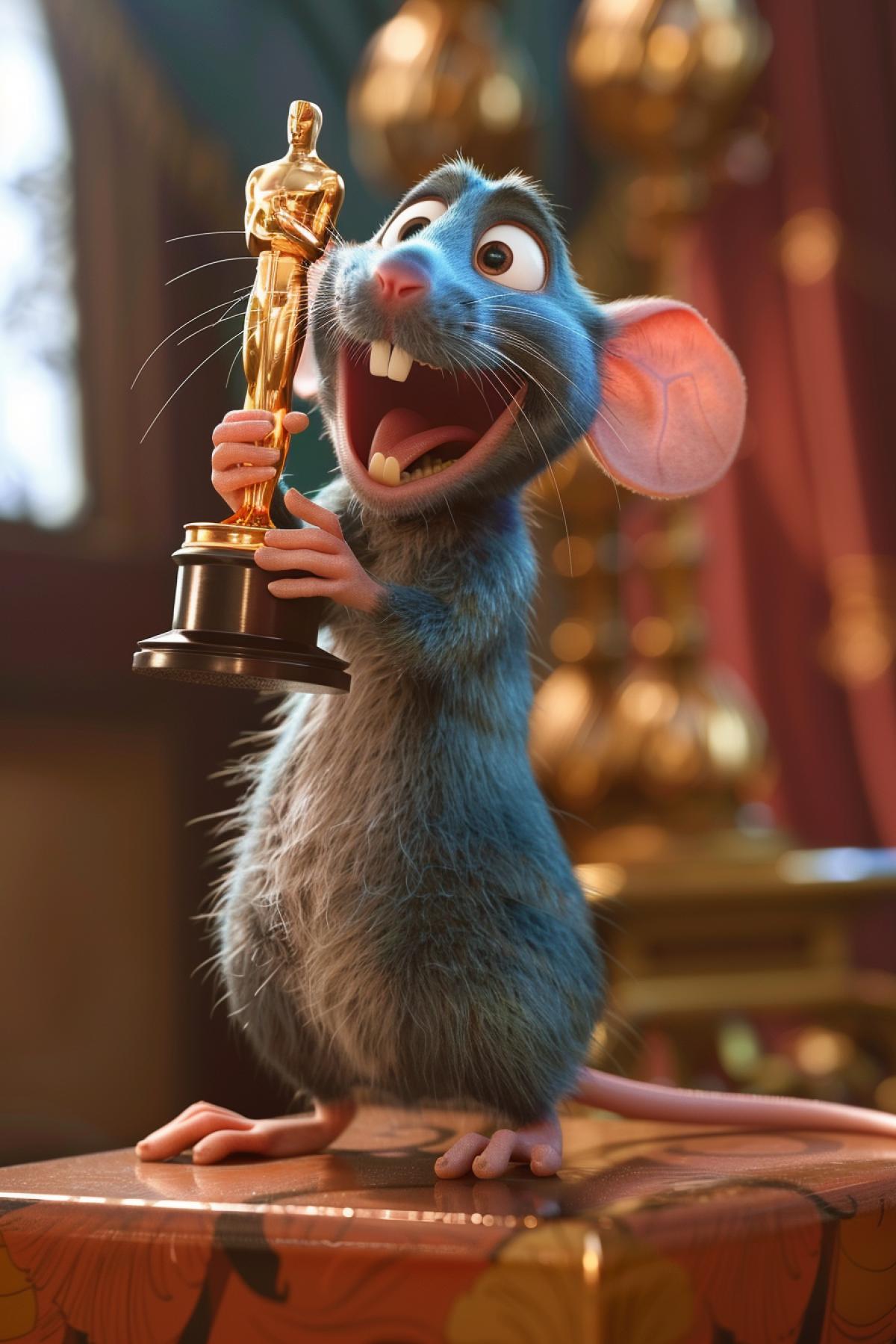 mouse Ratatouille, cartoon character Ratatouille, receives an Oscar, holds an Oscar statuette in his paws, joy, triumph, delight