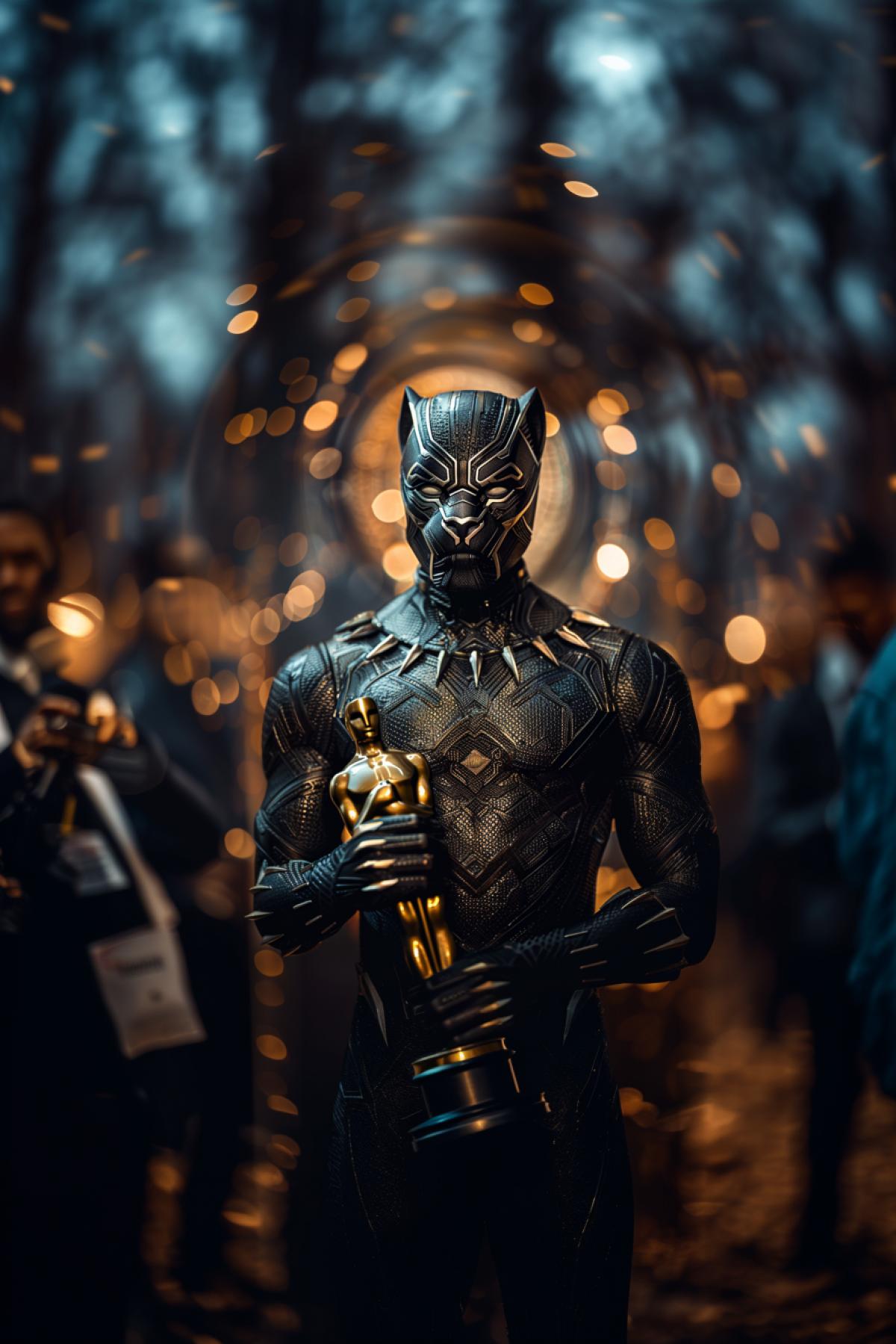 dark Panther in the form of a man receives an Oscar, spotlights, spotlight, The Illusory World, rock