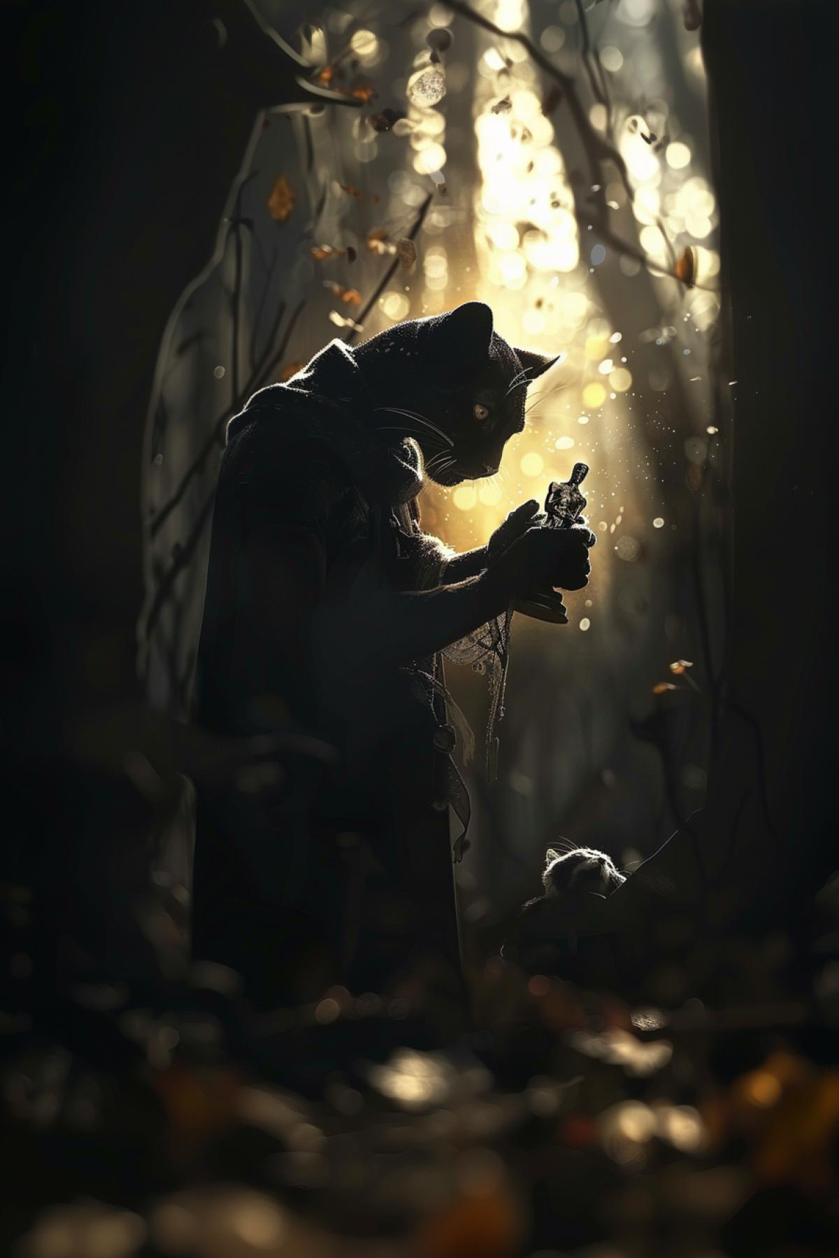 dark Panther in the form of a man receives an Oscar, spotlights, spotlight, fairy-tale world