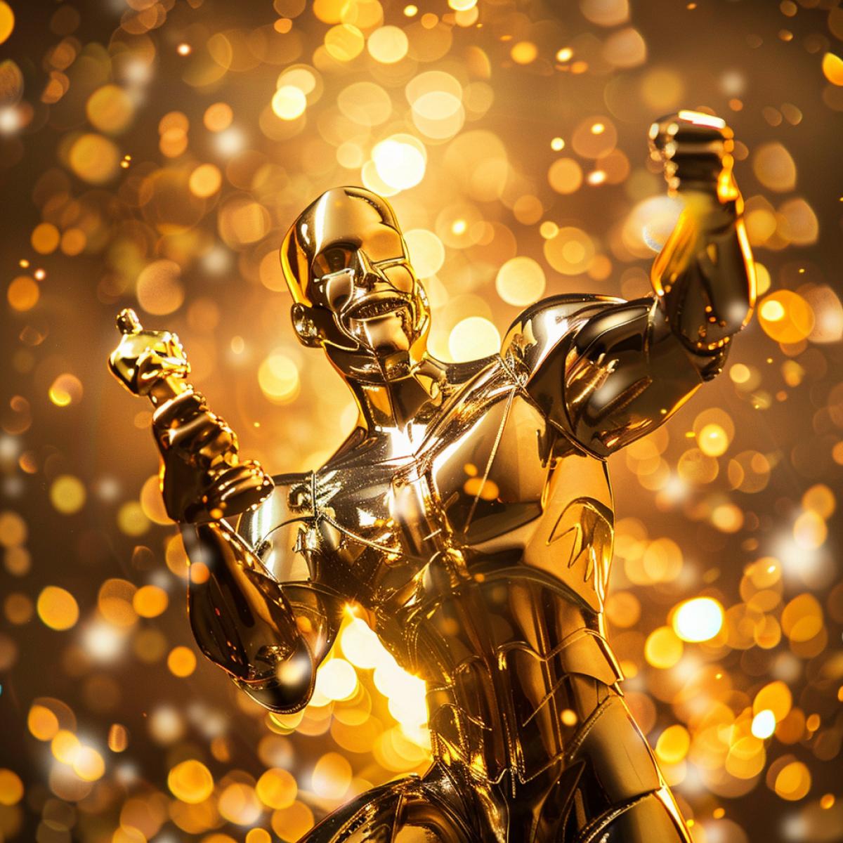fantastic living metal golden man, receiving an Oscar award, holding an Oscar statuette, smile, joy, happiness, triumph, likeness, mega close-up, metal shine