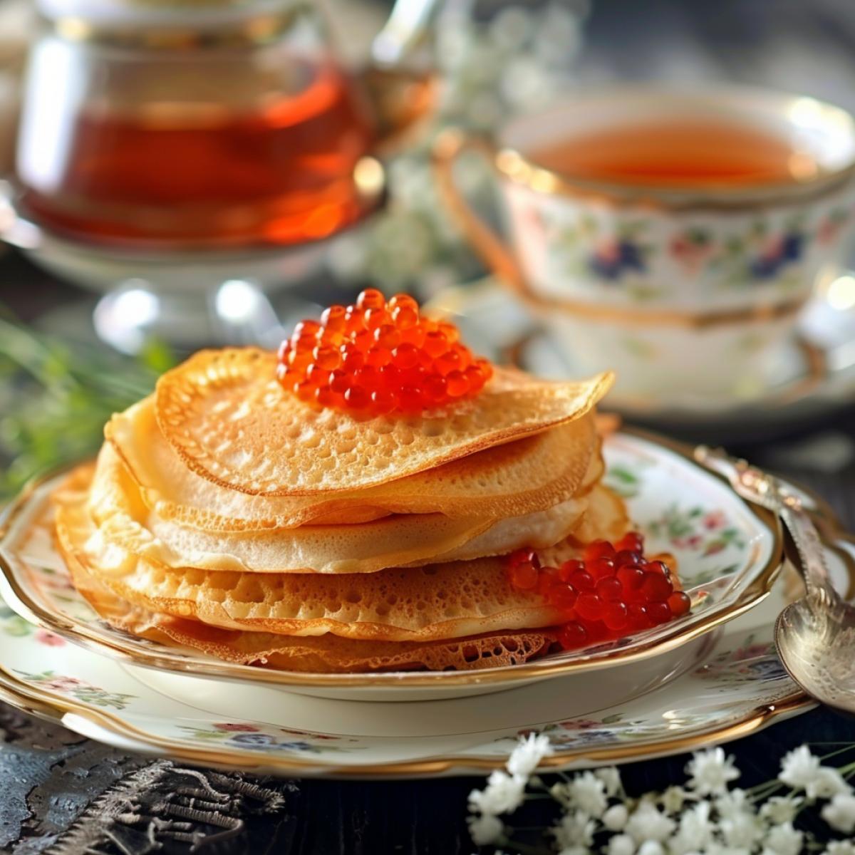 Breakfast, thin pancakes with red caviar, tea in beautiful dishes, serving