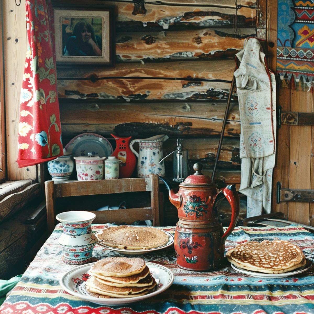 Samovar, pancakes, Russian hut