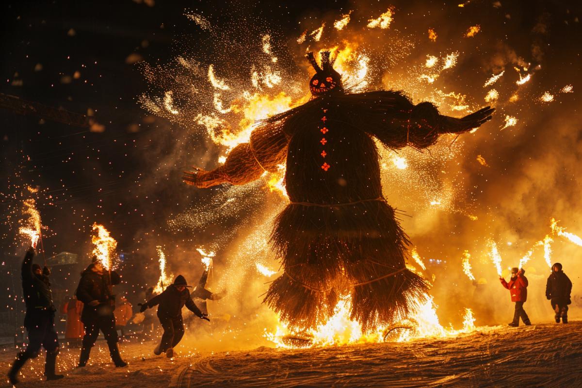 Russian Maslenitsa, very fun, a huge scarecrow is burning, fire and dancing