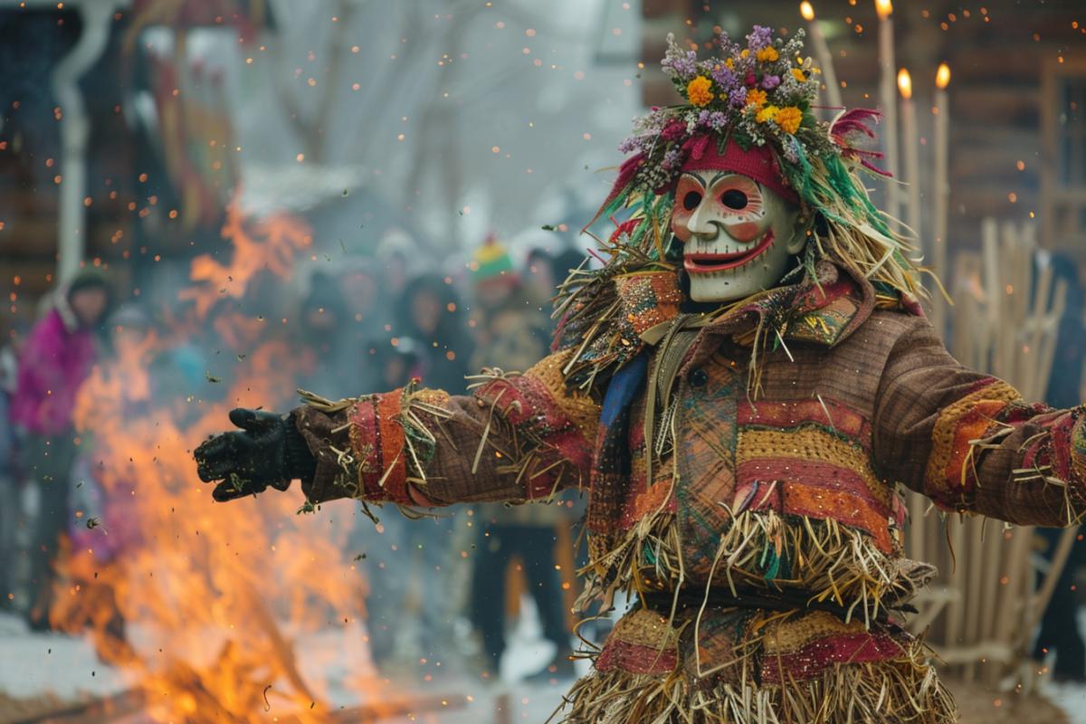 Russian Maslenitsa, very fun, a huge scarecrow is burning, fire and dancing