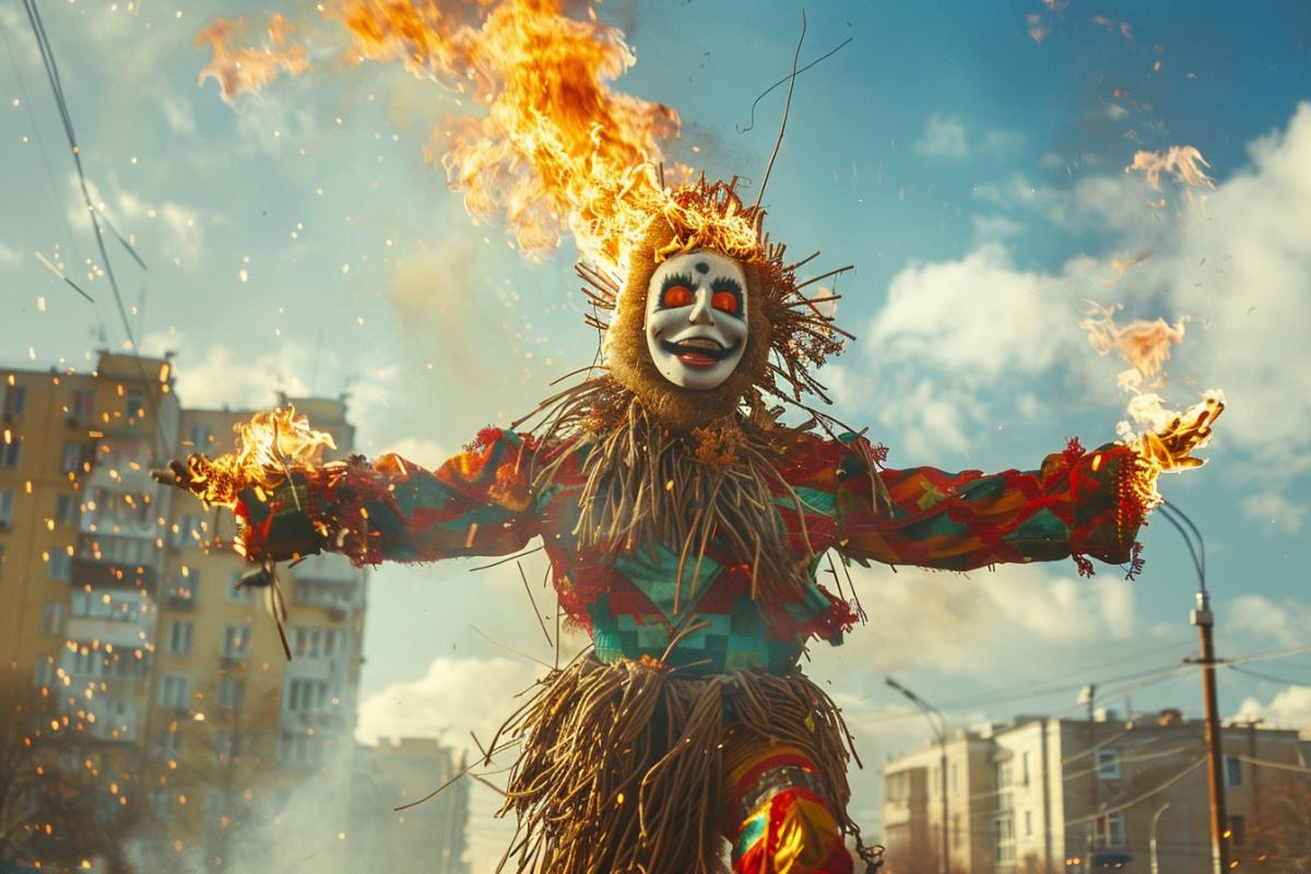 Russian Maslenitsa, very fun, a huge scarecrow is burning, fire and dancing