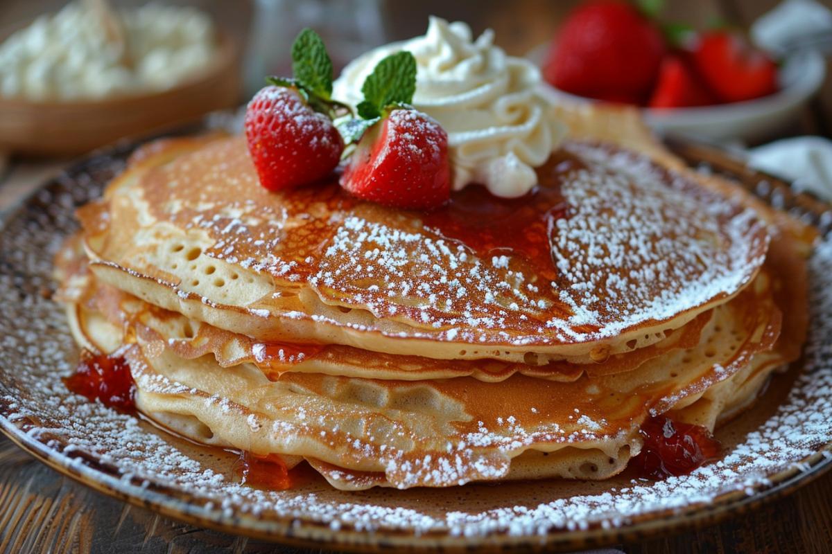 Russian traditional pancakes with jam and sour cream, generous pancakes.