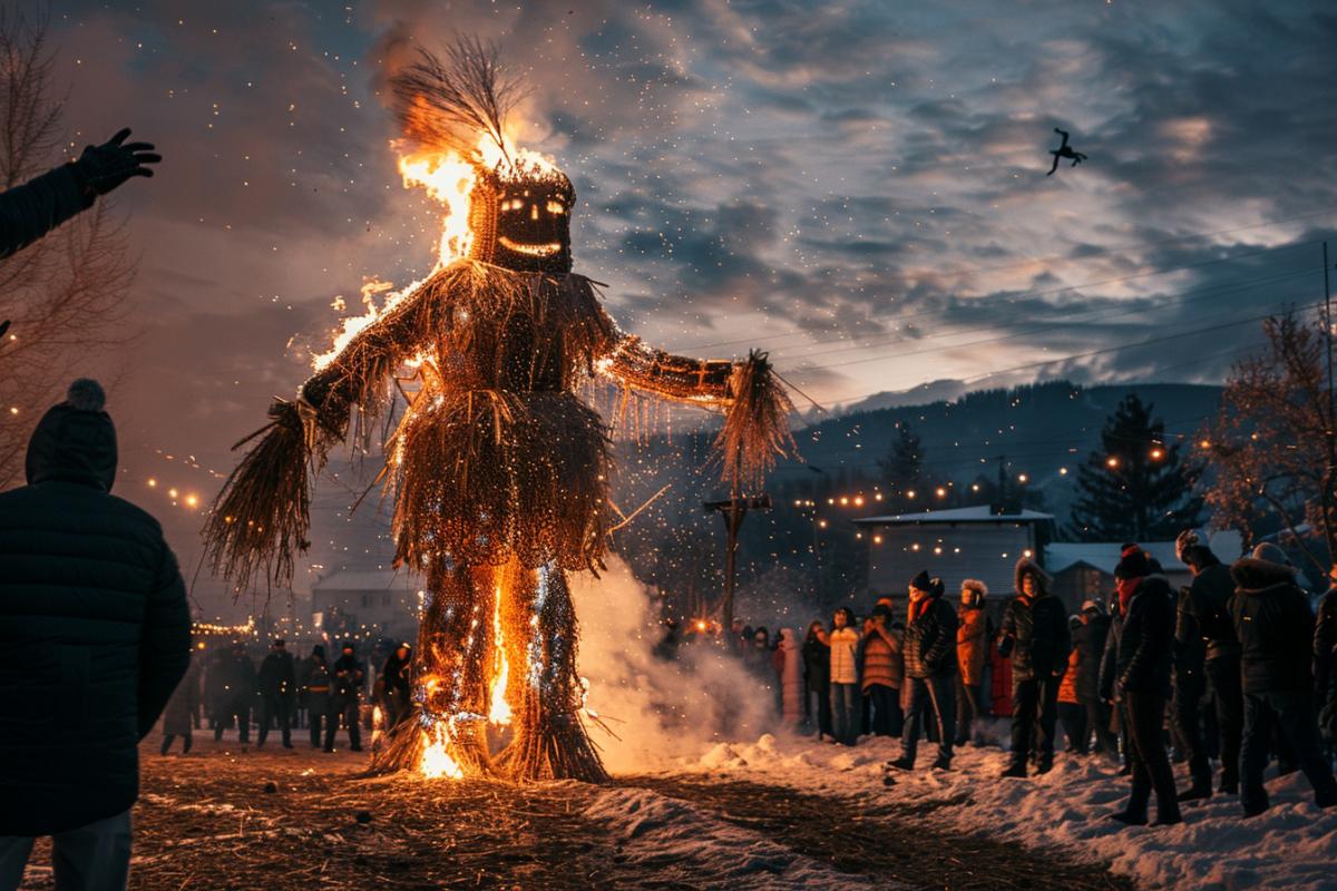 Russian Maslenitsa, very fun, a huge scarecrow is burning, fire and dancing