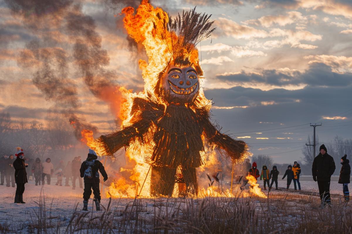 Russian Maslenitsa, very fun, a huge scarecrow is burning, fire and dancing