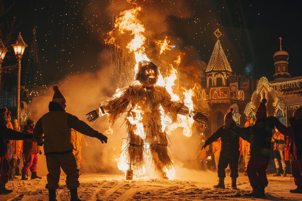Russian Maslenitsa, very fun, a huge scarecrow is burning, fire and dancing
