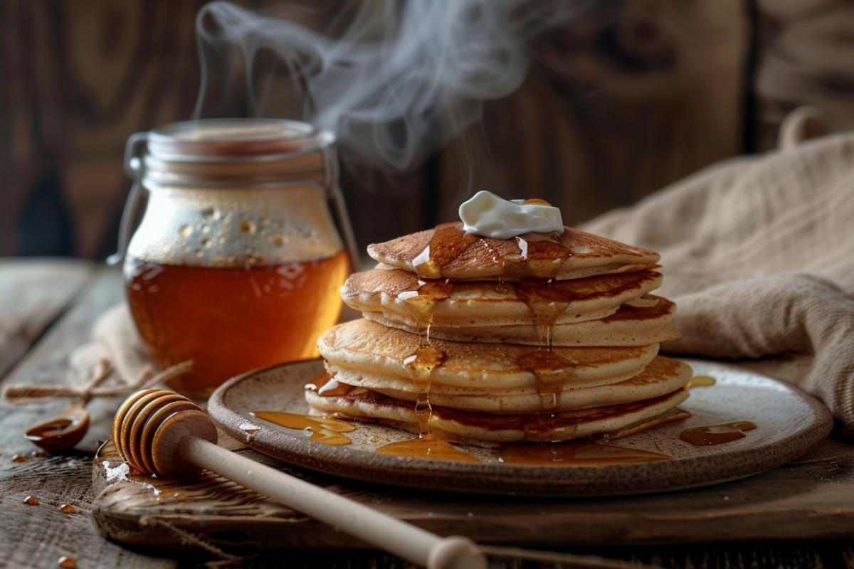 Pancakes on a plate, a jar of sour cream, a wooden tabletop, honey, steaming tea