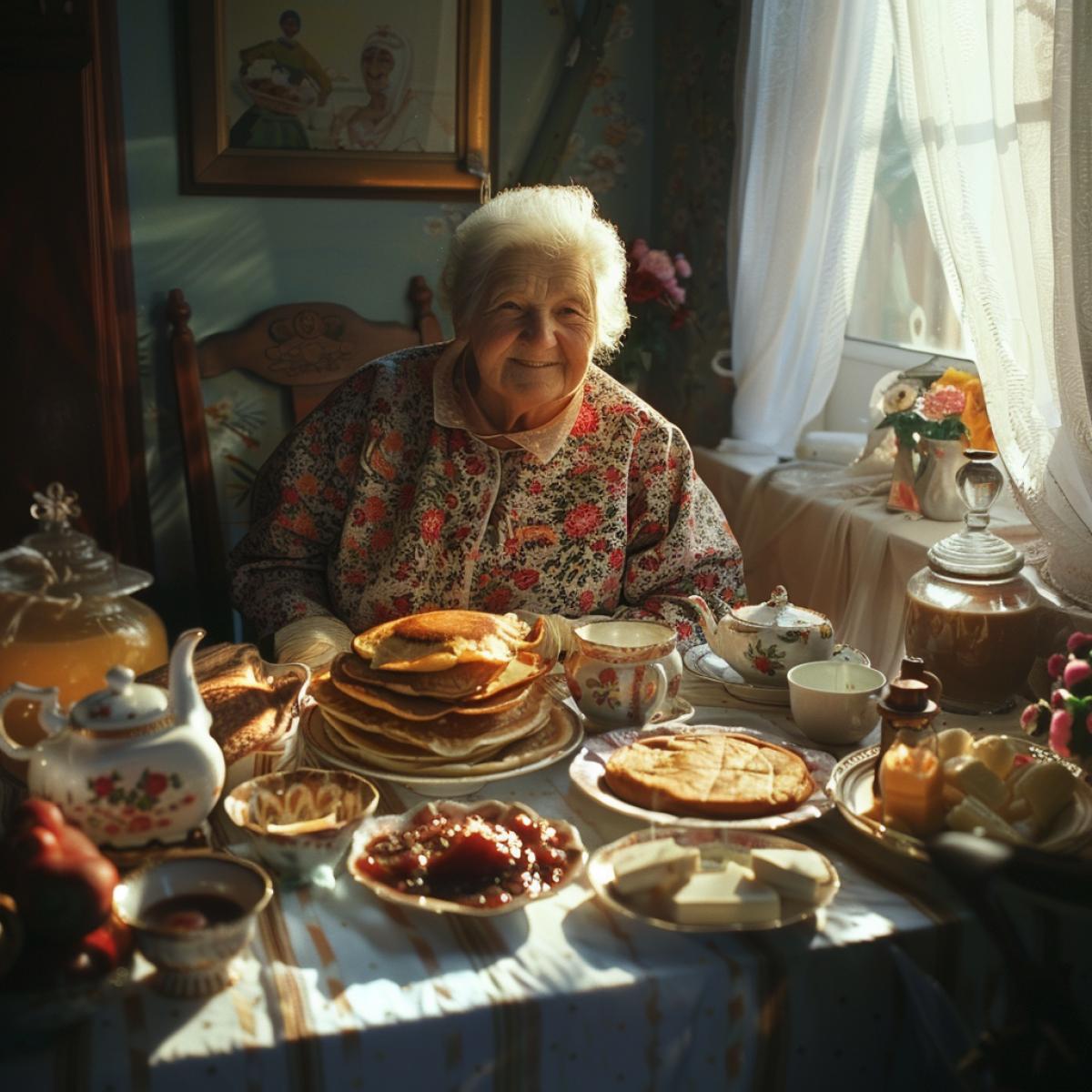 This photograph shows a table laden with a variety of dishes associated with the Maslenitsa tradition. pancakes, butter, jam, tea every element of this rich table is a symbol of wealth and abundance. In the center of the photo is a smiling grandmother, proudly presenting her culinary masterpieces. The light coming through the window emphasizes the warmth and comfort of a home family holiday. The photo perfectly conveys the atmosphere of a traditional family dinner on Maslenitsa day.