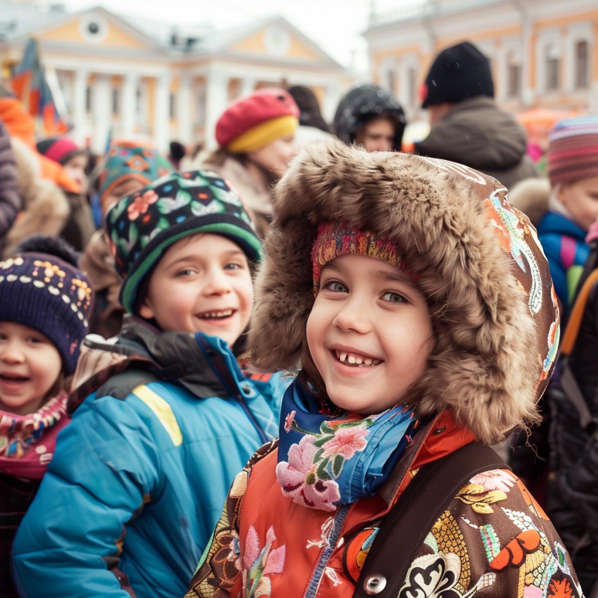 Russian folk fair entertainment unfolding on the square on Maslenitsa day. Around a crowd of cheerful people, a variety of products are sold: from handicrafts to folk treats. In the foreground of the frame are smiling children enjoying their shopping and the festive atmosphere. Bright colors and lots of detail create a sense of richness and movement, the spirit of fun and welcoming spring inherent in Maslenitsa fairs, using rich colors and a dynamic frame.